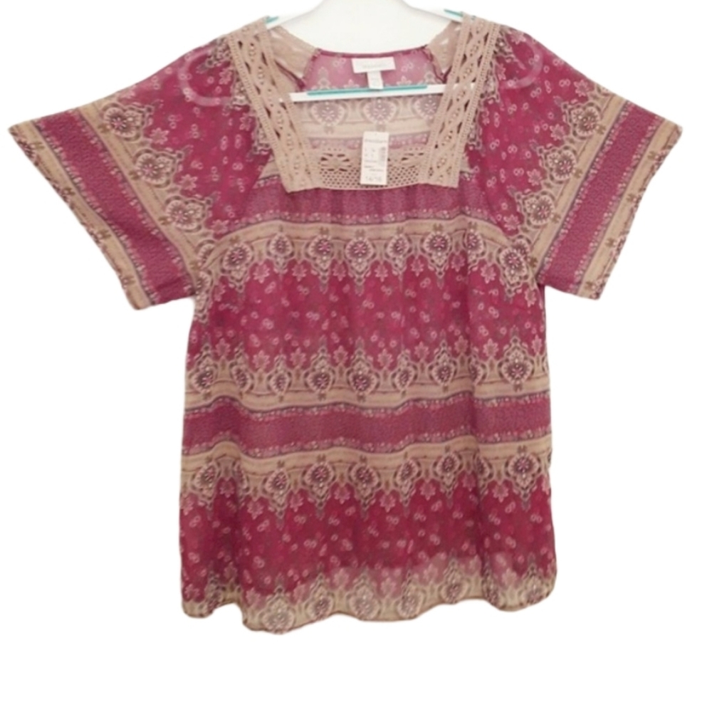 DRESS Barn Red Sheer Boho Short Sleeve Lightweight Crochet Blouse NWT sz 14/16